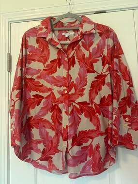 Chico's Red and Pink Botanical Leaf Print Long Sleeve Button-Up Shirt